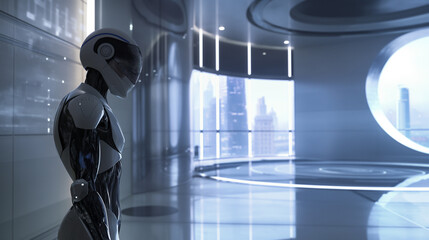 Fototapeta premium A sleek, humanoid robot with translucent skin and holographic visor stands in the center of an empty futuristic office space.