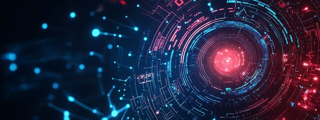 Fototapeta premium Abstract futuristic technology background with glowing lines and circles in blue and red colors.