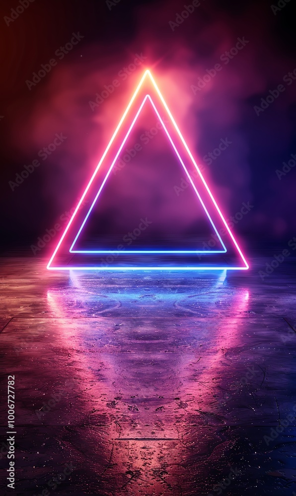 Aufkleber A vibrant neon triangle emitting colorful lights, reflecting on a wet surface, creating an imaginative and modern atmosphere.