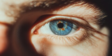  male blue eye is looking right, close up, sun light, natural light