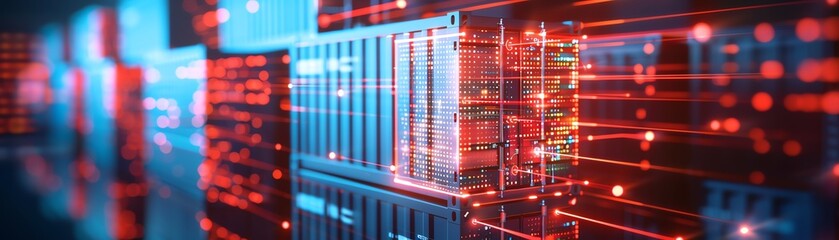 Futuristic data storage environment showcasing illuminated servers with digital elements. Ideal for technology and innovation themes.