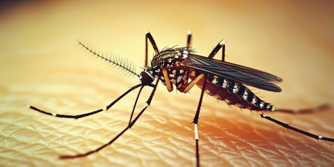 Fototapeta premium A close-up view of a mosquito resting on human skin during warm summer days, showcasing its intricate body structure and delicate wings in natural lighting