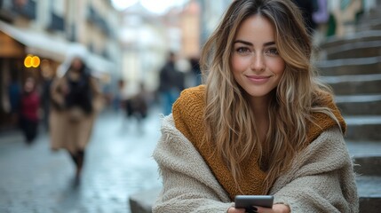 Young woman with long hair wearing a cozy sweater smiles while using her smartphone on a cobblestone street in an old town during a sunny day