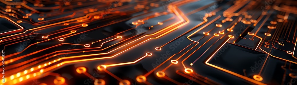 Poster Close-up view of a circuit board with intricate patterns and glowing elements, representing technology and innovation.