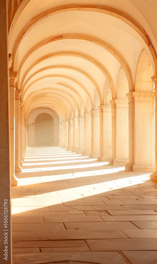 Poster a serene hallway featuring warm archways and soft light casting shadows on the floor, creating a tra