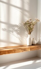 A serene composition featuring a wooden shelf, a vase of dried flowers, and soft shadows on a neutral wall.