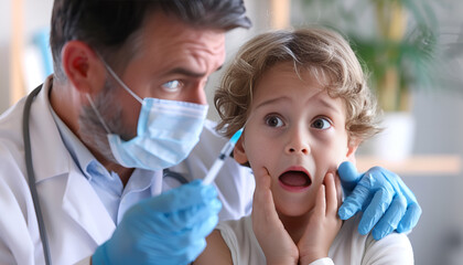 Doctor holding syringe with chickenpox vaccine and scared child on background, closeup. Varicella virus prevention
