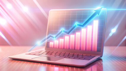 business growth rate graph on Pink and blue hologram laptop screen 