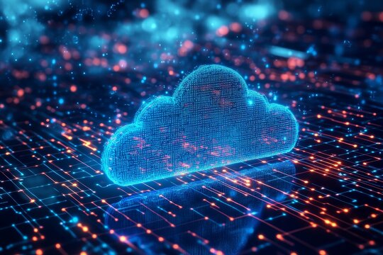 A glowing blue digital cloud figure above a circuit board, symbolizing the concept of cloud computing technology.