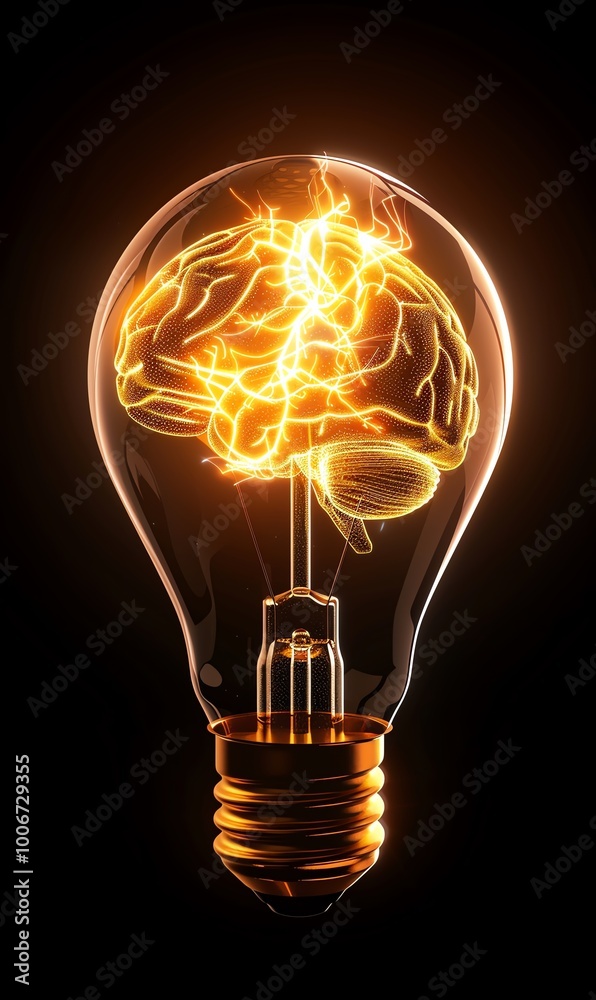 Poster a creative light bulb design with a glowing brain, symbolizing ideas, innovation, and intelligence i