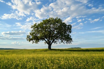Obraz premium Lonely Tree in Field Under Blue Sky with White Clouds