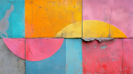 Naklejka premium A colorful piece of geometric wall art, mixing vibrant hues and weathered textures in dynamic abstract patterns for impactful visual effect.