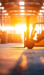 A forklift parked in a warehouse during a stunning sunset, highlighting industrial themes and warm lighting.