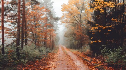 Foggy Forest Path in Autumn