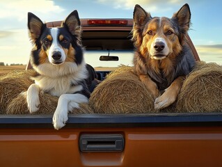 Two dogs relax in the back of a pickup truck filled with hay as the sun sets over a rural landscape, enjoying a peaceful moment together outdoors in the countryside