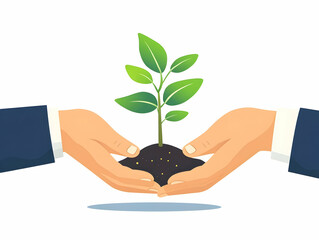 Flat Vector Illustration of Two Hands Nurturing a Sapling: Symbolizing Growth, Care, and Community for Sustainable Business Infographics