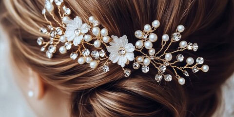 Elegant hair accessory adorned with pearls and flowers for a bridal hairstyle captured during wedding preparations in a cozy setting