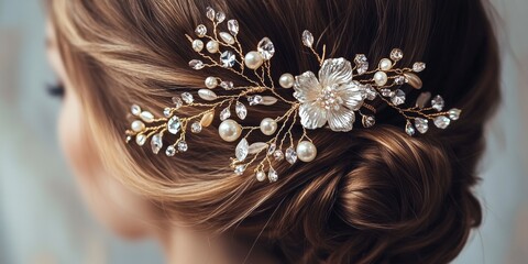 Elegant hairstyle adorned with floral hair accessory showcasing pearls and crystals for a special occasion in soft lighting during spring