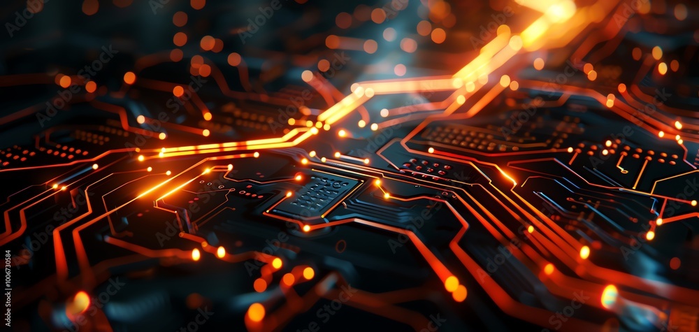 Poster An abstract representation of a circuit board with glowing paths and intricate details, showcasing technology and innovation.