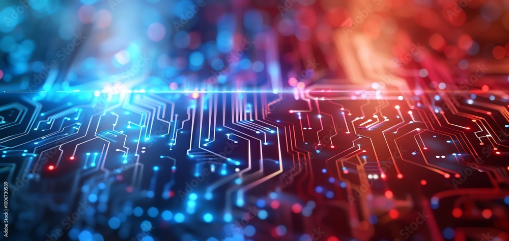 Poster a vibrant circuit board background featuring glowing blue and red lights, ideal for technology and d