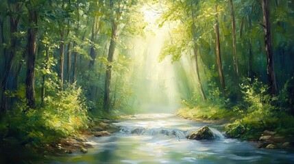 Obraz premium sunlit forest creek with lush green foliage and glistening water, peaceful nature oil painting