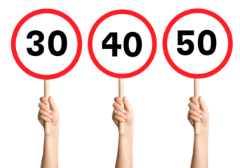 Set of three speed limit signs (30, 40, 50) in three hands on a blank background. Great for traffic regulation, road safety, or public awareness.