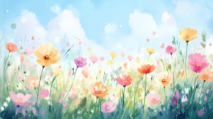 Naklejka premium Watercolor painting depicting a colorful field of wildflowers in bloom on a sunny day. Wildflower Field. Illustration