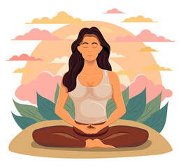 young woman sitting in yoga pose and meditating cartoon vector illustration isolated on white background