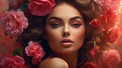 A beautiful woman with flowing hair surrounded by vibrant pink roses in a floral arrangement during golden hour, creating a soft and romantic atmosphere