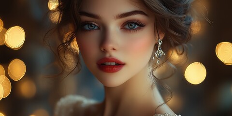 Fototapeta premium beautiful girl model, old money style, dressed in a luxurious evening dress, she has loving eyes, expressive lips