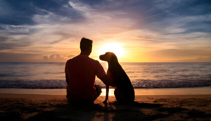 Dog and Human sitting together on the beach at sunset, friendship, silhouette of man with his dog,...