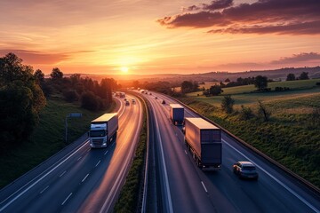 Stunning sunset over a scenic highway with cars and trucks amid breathtaking landscape view