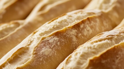 Freshly baked baguettes displayed in a bakery showcasing their golden crust and airy interior, inviting customers to enjoy baked goods for breakfast or snacks