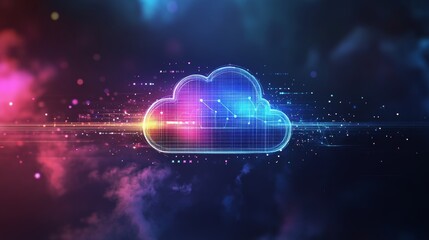 Obraz premium An abstract digital representation of a cloud surrounded by a vibrant aura of swirling pixels, showcasing data.
