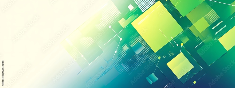 Poster abstract background with green and blue squares and lines.