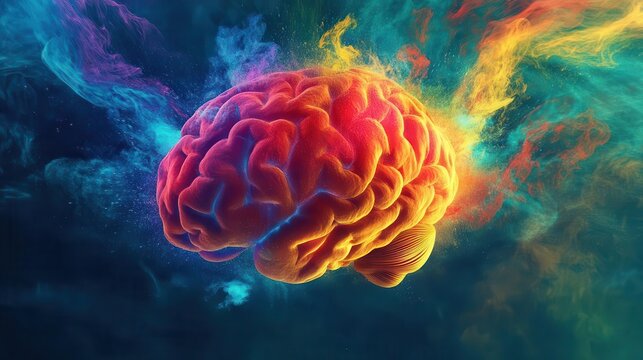 surreal digital illustration of a human brain exploding into a vibrant spectrum of colors. creative energy and innovative thoughts burst forth in a dynamic, mind-expanding visual metaphor.