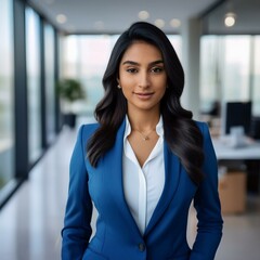 Fototapeta premium A woman proudly displaying her new professional business attire in a modern office setting.