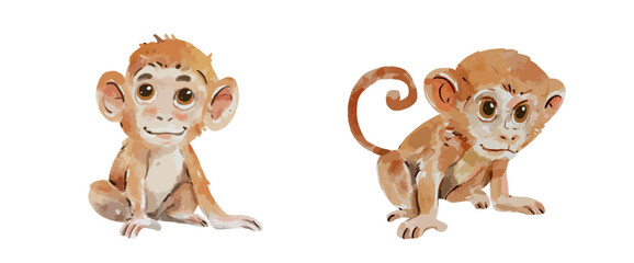 Cute baby monkey watercolor isolated on white background. Nursery monkey cartoon hand drawn character vector illustration