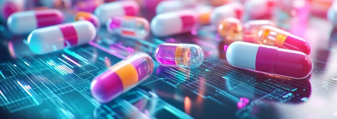 Colorful capsules and pills lie scattered across a digitally rendered circuit board, giving a futuristic aesthetic.