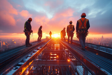 Fototapeta premium A team of construction workers installing steel beams on a high-rise building, sunrise in the background,