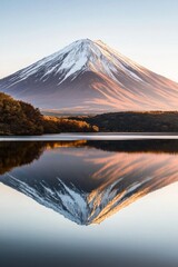 Stunning sunrise over Mount Fuji reflecting in Lake Kawaguchi, with serene surroundings and vibrant...