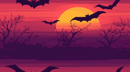 Naklejka premium A painting of bats flying in the sky with a sunset in the background