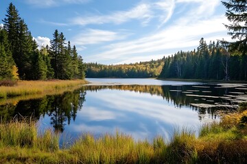 Obraz premium Tranquil Lake in Forest with Blue Sky and Clouds Reflection