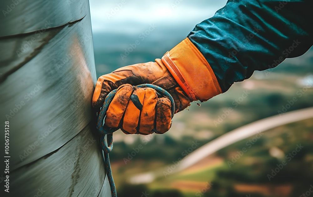 Poster engineer adjusting safety line while climbing turbine