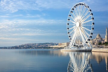 A large white Ferris wheel stands on the waterfront of a city with a mosque in the background. The wheel is reflected in the calm water of the bay.