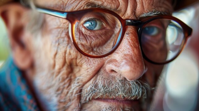 An elderly man with striking blue eyes and distinct facial features gazes thoughtfully, conveying wisdom and life experience in a candid moment of reflection captured outdoors