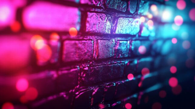 A vibrant display of neon lights reflecting off a textured brick wall in an urban setting, creating an immersive nightlife atmosphere that captures the essence of modern city life