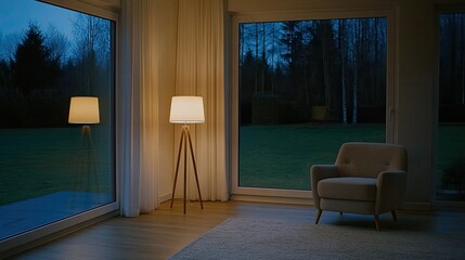 Fototapeta premium A soothing living room features a beige armchair and a softly glowing floor lamp beside a large window framed by autumn colors, exuding warmth and comfort