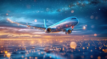 Fototapeta premium A sleek hydrogen-powered airplane speeding through a midnight sky, stars reflecting off its high-tech surfaces
