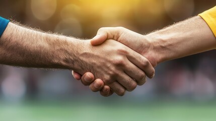 Teams shaking hands before the start of a soccer tournament final, sportsmanship and respect, soccer, tournament, tradition